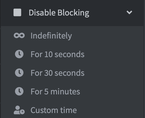 Screenshot of the pi-hole disable blocking widget