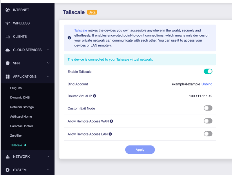 Tailscale config menu